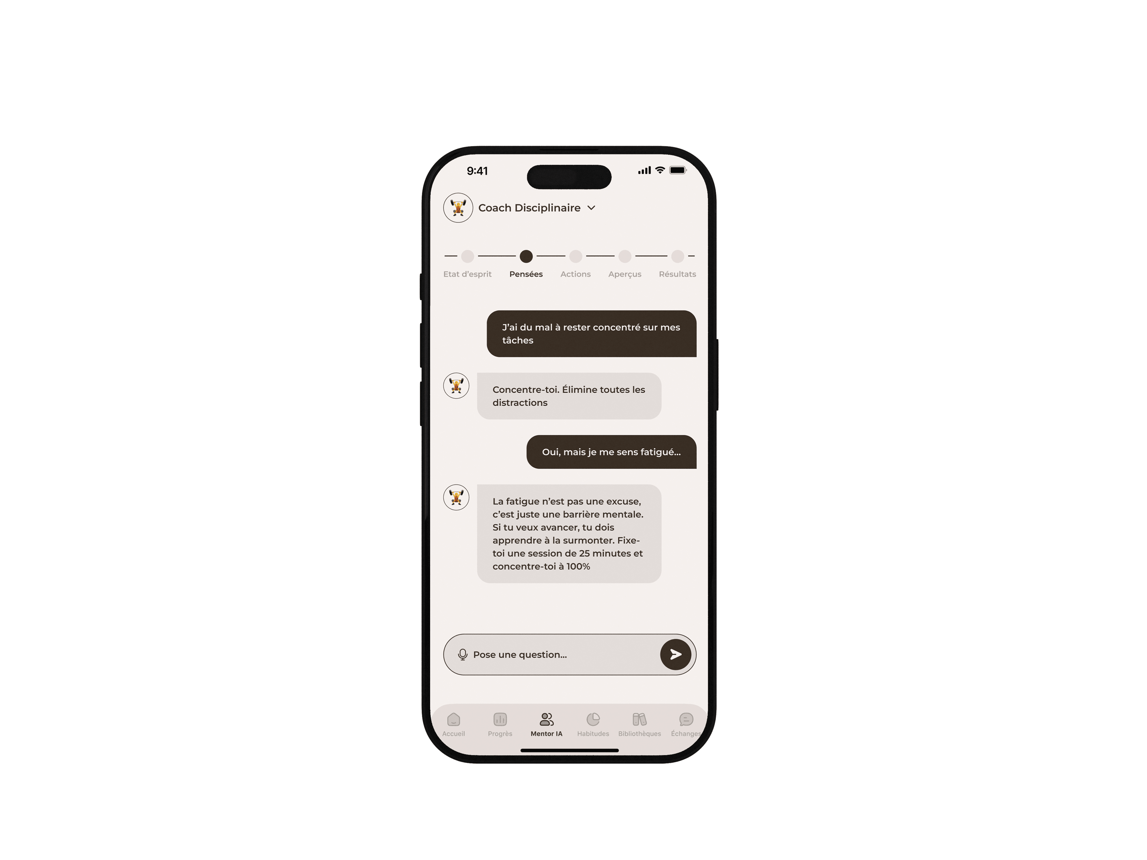 Capture d'écran du mentor IA dans l'application Alpha Mentor