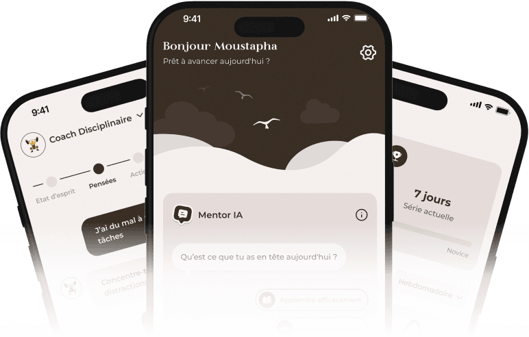 Aperçu de l'application Alpha Mentor sur trois téléphones